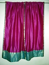 2 Fuschia with Turquoise Border Art Silk Sari Curtains Drape Panels Window Treatment 84"
