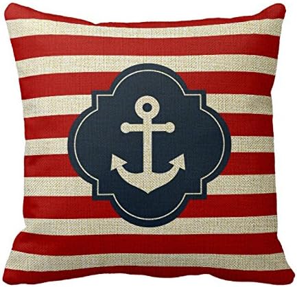 FreeMinds Cotton Linen 18 x 18inch Red White And Blue Nautical Anchor Pillow Cover