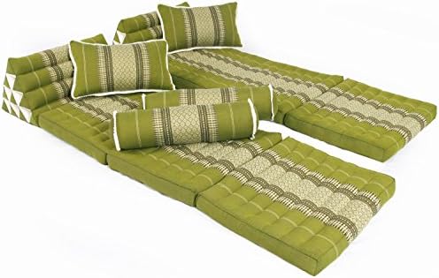 Thai Mattress, SET: 2x 3-fold + 2x pillows 45x28 + 2x Bolster 50x15, Bamboogreen, Thailand
