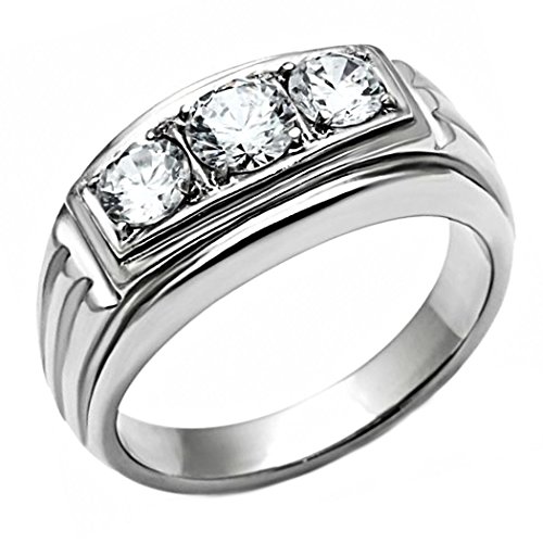 Navarro: Mens 1.0ct Ice on Fire CZ 3 Stone Journey Wedding Band Ring 316 Steel, 3048