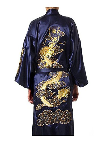 Mens Robe Chinese Dragon Pattern Kimono Bathrobe with Waistband