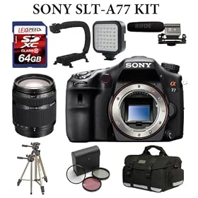 Sony A77 SLT-A77VQ A77VQ SLTA77 SLTA77VQ 24.3 MP Translucent Mirror Digital SLR (Body) + Sony SAL18200 DT 18-200mm f/3.5-6.3 Lens + LED Video Light + ForeGrip + Case + Spare Battery + 64GB Card + Tripod + Filter Kit Bundle