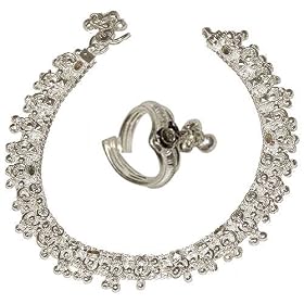 Foot Jewelry Silver Anklet Toe Ring Pair 10 inches (anklt567a)