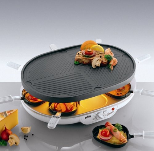 Childrens Toyshop  Küche & Haushalt : Petra RC 820 PartyRaclette + Grill, 8 Pfännchen, oval, antihaft, Alu-Grillplatte, Temperaturregler Weiß