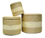 Decorative Living, Woven Rush and Maize Striped Storage Ottomans, Set of 3