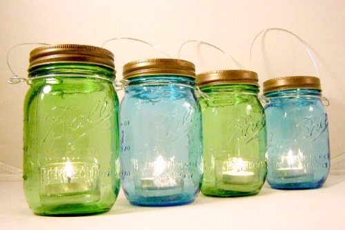 Four Blue and Green Glass Mason Jar Lanterns Heritage Collection Candle Holder