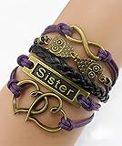 Handmade Infinity Heart to Heart Sister Owls Charm Friendship Gift Leather Bracelet - Purple