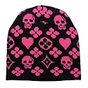 BLACK BEANIE CAP W/PINK HEARTS & SKULLS
