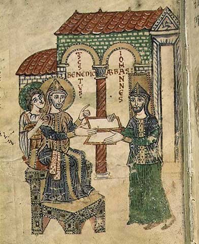Cover image : Kunstreproduktion: Unbekannt, Codex 73 Abbot John offering the manuscript to St. Benedict (, 65 x 80