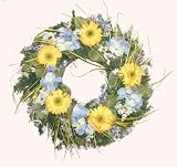 Yellow Gerbera Daisies and Blue Hydrangeas Decorative Wreath