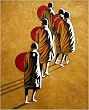 Hand Painted Asian Contemporary Art - Walking Praying Monks, golden background - Oil Painting