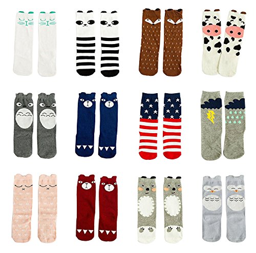 Gellwhu 12 Pairs Baby Girls Boys Cartoon Knee High Stockings Tube Socks 1-5Y