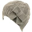 Cable Knit Beanie Skull Ski Winter Ribbon Bow Hat Gray