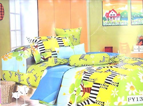 India Textile Mall Cotton Designer Zoo Printed Cartoon Double Bedsheet For Kids With 2 Pillows Cover