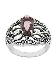 Sterling Silver Marcasite Filigree Amethyst Color Glass Ring
