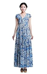 V-neck Summer Tropical Print Flared-Skirt Fitted Puff Sleeves Chiffon Prom Dress 