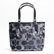Hot Sale COACH Gallery Optic Metallic Signature North South Tote 19675 Navy Blue/Silver