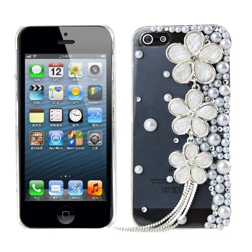 OOOUSE 3d Handmade Crystal Pearl Flower Design Diamond Rhinestone Clear Case Cover for Iphone 5/5s