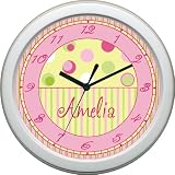 Soho Stripes and Dots Nursery Clock ~ Bubble Gum Pink and Yellow ~ Free Personalization