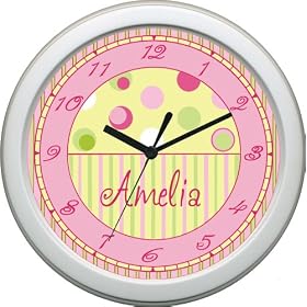 Soho Stripes and Dots Nursery Clock ~ Bubble Gum Pink and Yellow ~ Free Personalization
