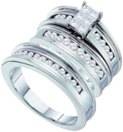 1 cttw 14k White Gold Diamond Princess Solitaire Invisible Set Diamond Round and Princess Cut Engagement Ring Matching Round Brilliant Wedding Bands Trio His and Hers Wedding Ring Size: 6.5)