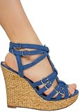 Vintage Chunky Multi-Strapped Sandal with Designer Fashion Straw Styled Wedge Heel from Hot Fash Shoes - HUGE Denim