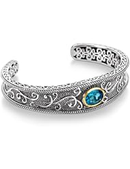 Vintage Style Filigree Swiss Blue Topaz Cuff Bracelet For Women Sterling Silver (3.52ct)
