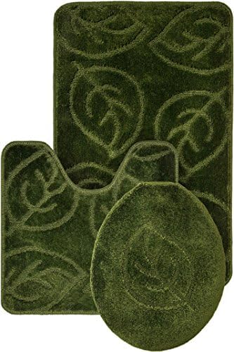 Leaf Pattern Design 3pc Bath Mat Rug set Dark Green Soft and Ultra Absobent with Anti-Slip Backing