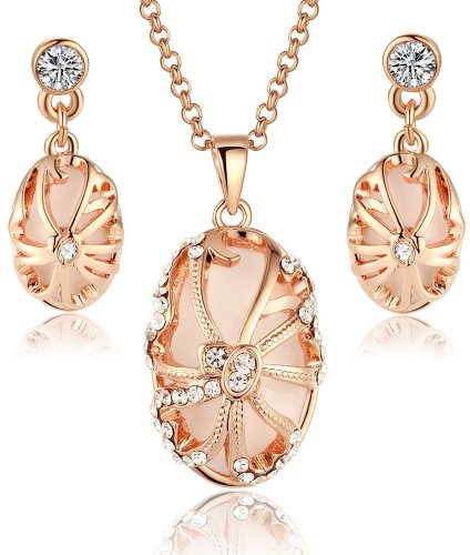 Arco Iris Rose Gold Plated Vintage Oval Shape Pendant Necklace and Earrings Set for Women - 3017701