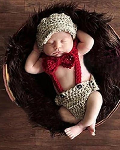 Xinmao Yuanming Newborn Handmade Crochet Knitted Unisex Baby Cap Outfit Photo Props (Big red suspenders)