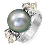 Black Tahitian Pearl and Diamond Ring in 14K White Gold, 1.20ctw