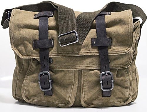 GOOTUCH Canvas Leather Bag Messenger Briefcase Shoulder Bag Soft Canvas School Bag (Khaki)
