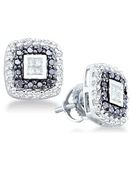 Black and White Princess Cut and Round Channel Set Diamond Stud Earrings in 14k White Gold Square Setting - 11mm Height * 11mm Width (1/2 cttw)