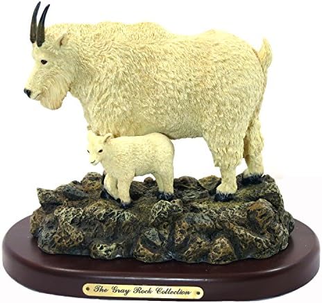Amy and Addy The Gray Rock Collection Series Wildlife Animal Resin Decorative Statue - MOUNTAIN GOAT WITH BABY ON ROCKY LEDGES Sculpture with Base