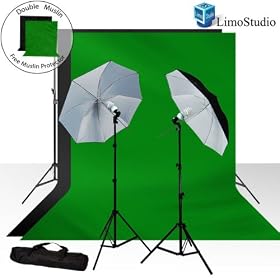 LimoStudio 400 Watt Photo Video Light Kit, 10' x 10' Black and Green Chroma Key Muslin Backdrops with Adjustable Backdrop Support + FREE Matching Black and Green Muslin Protectors, 2 x 45 Watt Continuous Light Kit with 40 Black/White Reflector Umbrella, Photo Portrait Studio, AGG226