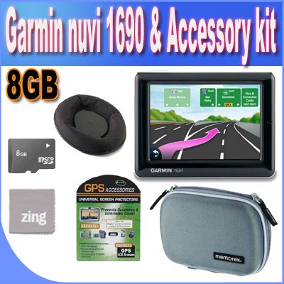 enlarge Garmin nuvi 1690 4.3-Inch Portable Bluetooth Navigator with Google Local Search & Real-Time Traffic Alerts + Friction Dash Pad Mount + 8GB Micro SD Memory + Zing Micro Fiber Cleaning Cloth + GPS Screen Protectors + Shock Proof Deluxe GPS Case!