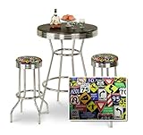 Chrome Bar Table & 2 Chrome Finish Roadsign Fabric Seat Barstools