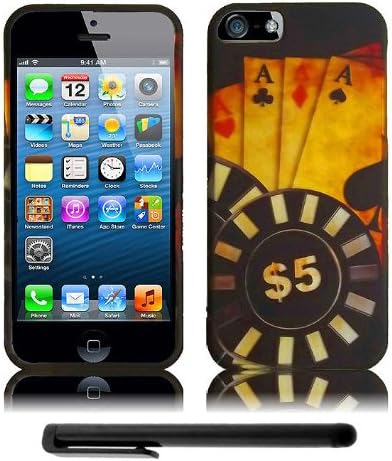 Apple iPhone 5 (New 4G LTE for All Carrier) Poker Ace 4 of A Kind with $5 Chip Premium Design Hard Snap-On Case + Bonus Black Capacitive Stylus + LONG ARCH 5.5 inch Light Blue Screen Cleaning Cloth