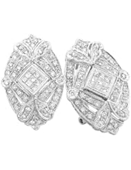 14K White Gold 0.98ct Seashell Pave Round & Princess Diamond Huggie Earrings