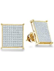 10k White and Yellow Two Tone Gold Square Princess Shape Pave Set Round Diamond Stud Earrings - 9mm Height * 9mm Width (1/3 cttw)