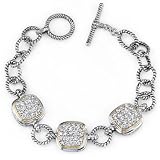 Sparkling Elegance: Designer Inspired Sterling Silver Cable Design Two-Tone Toggle Bar Circle Link Bracelet with CZ Diamonds