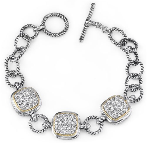 Sparkling Elegance: Designer Inspired Sterling Silver Cable Design Two-Tone Toggle Bar Circle Link Bracelet with CZ Diamonds