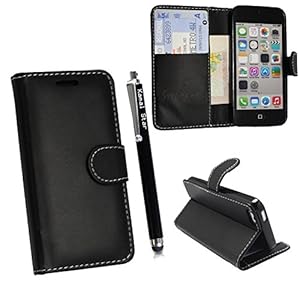 APPLE IPHONE 5 5S BLACK CARD POCKET/MONEY MAGNETIC BOOK FLIP PU LEATHER CASE COVER POUCH + SCREEN PROTECTOR +STYLUS