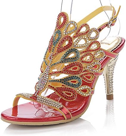 Geminigirl Womens Red Wedding Shoes - Peacock Rhinestone Dress Sandals with Heels Red 9 M US