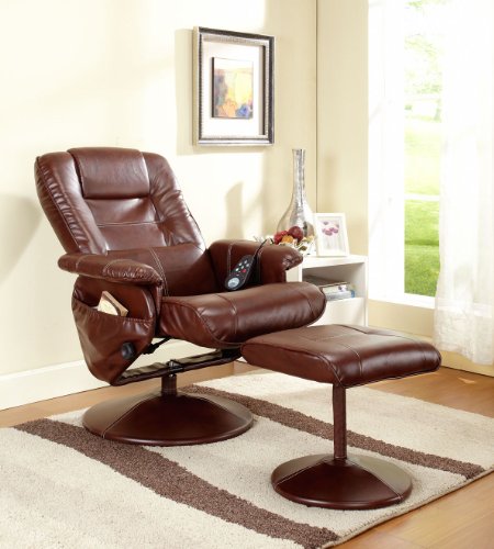 Dark Brown Leather Massage Recliner Swivel Chair & Ottoman With Heat