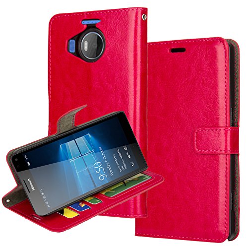 Lumia 950 Xl Case,Microsoft Nokia Lumia 950 Xl Wallet Leather Case AomaxÂ® Wallet Card Slot View Stand Premium Protective Leather Cover Case for Microsoft Nokia Lumia 950 Xl (R64 Hot Pink)