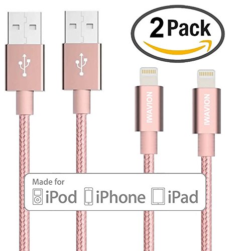 iPhone Charger, IWAVION 2Pack 3FT 8pin Lightning Cable Nylon Braided USB Sync and Charging Cord for iPhone SE 7 7Plus6s 6s+ 6Plus 6, 5s 5c 5,iPad Air mini min2, iPad 4,iPod 5,iPod 7, iOS9. - Rose Gold