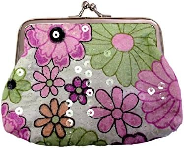 Lovely Small Retro Sequin Pink Multi Floral Print Kiss Lock Coin Purse