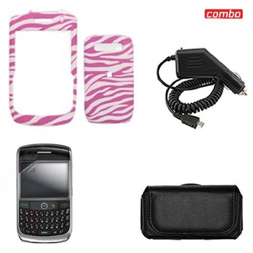 Blackberry Curve 8900 Javelin Combo Design Pink/White Zebra Protective Case Faceplate Cover + LCD Screen Protector + Rapid Car Charger + Black Horizontal Leather Pouch for Blackberry Curve 8900 Javelin