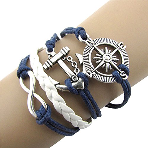 Ularmo® Hot Selling Hot Infinity Love Anchor Compass Leather Charm Bracelet Plated Silver image